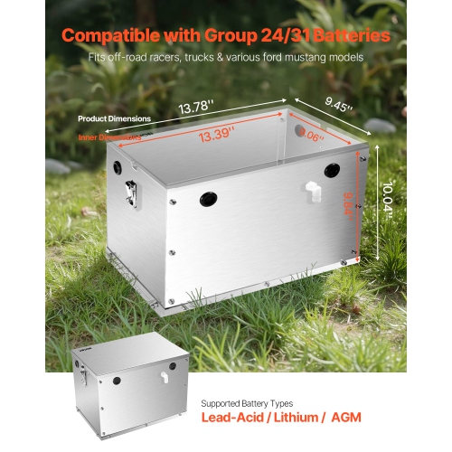 VEVOR Group 24/31 Battery Box, Trolling Motor Battery Box, Marine Batteries Case with Handles and Rubber-Grommet Cable Holes, Aluminum Alloy Shell