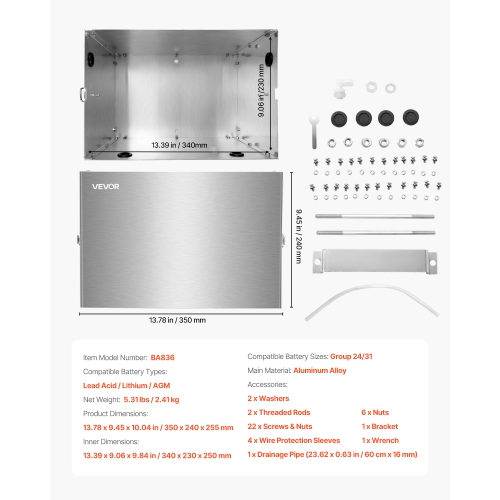 VEVOR Group 24/31 Battery Box, Trolling Motor Battery Box, Marine Batteries Case with Handles and Rubber-Grommet Cable Holes, Aluminum Alloy Shell