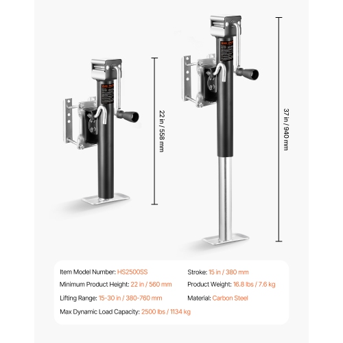 VEVOR 2500 lbs Load Trailer Jack, Heavy Duty Swivel Bolt-on Trailer Jack with Ergonomic Handle, 15-inch Vertical Travel, Suitable for RV, Horse,