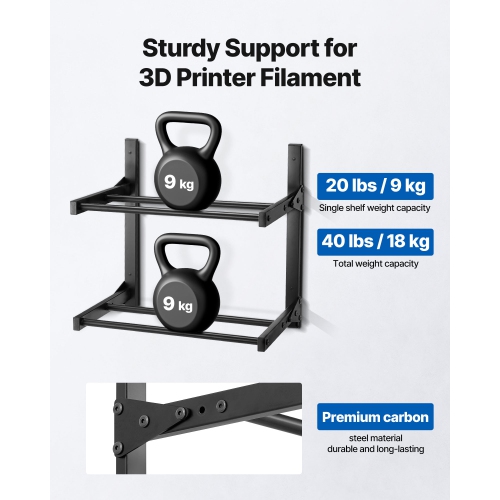 VEVOR 2-Tier Wall Mount Printer Filament Storage Rack, Wall Bracket Storage Shelf, Rolling Filament Spool Holders Racks with Wheels, Filaments