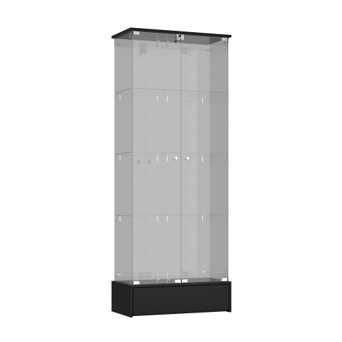 Famapy 27.5-Inch Glass Door Curio Cabinet – Black MDF 4-Shelf Bookcase with Storage Drawer, Elegant and Modern Design,, Transparent
