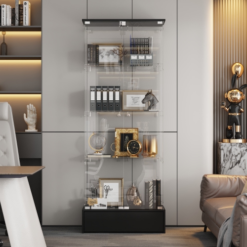 Famapy 27.5-Inch Glass Door Curio Cabinet – Black MDF 4-Shelf Bookcase with Storage Drawer, Elegant and Modern Design,, Transparent