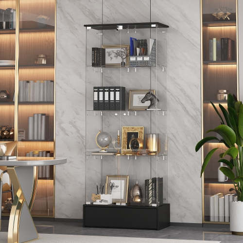 Famapy 27.5-Inch Glass Door Curio Cabinet – Black MDF 4-Shelf Bookcase with Storage Drawer, Elegant and Modern Design,, Transparent