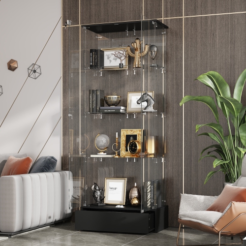 Famapy 27.5-Inch Glass Door Curio Cabinet – Black MDF 4-Shelf Bookcase with Storage Drawer, Elegant and Modern Design,, Transparent