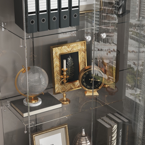 Famapy 27.5-Inch Glass Door Curio Cabinet – Black MDF 4-Shelf Bookcase with Storage Drawer, Elegant and Modern Design,, Transparent