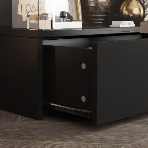 Famapy 27.5-Inch Glass Door Curio Cabinet – Black MDF 4-Shelf Bookcase with Storage Drawer, Elegant and Modern Design,, Transparent