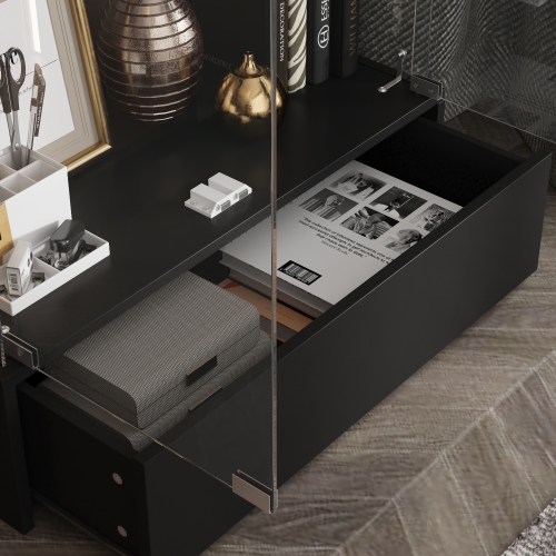 Famapy 27.5-Inch Glass Door Curio Cabinet – Black MDF 4-Shelf Bookcase with Storage Drawer, Elegant and Modern Design,, Transparent