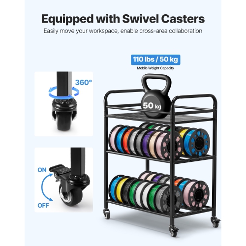 VEVOR 3D Printer Filament Storage Rack, 3 Tier Heavy Duty Storage Shelf, Rolling Filament Spool Holders Racks with Wheels, Filaments Organzied for 3D