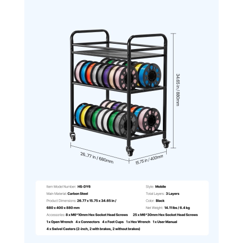 VEVOR 3D Printer Filament Storage Rack, 3 Tier Heavy Duty Storage Shelf, Rolling Filament Spool Holders Racks with Wheels, Filaments Organzied for 3D