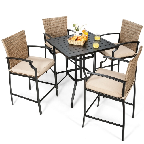 SLICKBLUE  5 Pieces Outdoor Rattan Bistro Bar Stool Table Set With Cushions