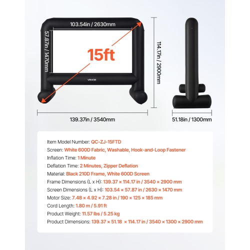 VEVOR 15FT Inflatable Movie Screen, Inflatable Projector Screen with Portable Storage Bag, 16:9 Easy Set Up Movie Projection for Outdoor Backyard,