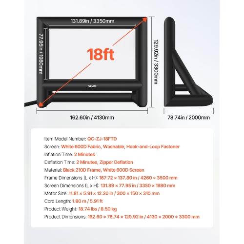 VEVOR 18FT Inflatable Movie Screen, Inflatable Projector Screen with Portable Storage Bag, 16:9 Easy Set Up Movie Projection for Outdoor Backyard,