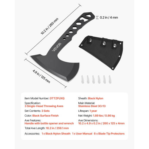 VEVOR 3 Pack Throwing Axes and Tomahawks, Multi-Functional Handle with Wrench and Bottle Opener, Stainless Steel, with Black Nylon Sheath, for