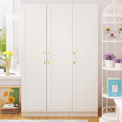 Famapy White 3-Door Armoire – Elegant Wooden Wardrobe with Hanging Rods & 3 Shelves for Bedroom Storage, White