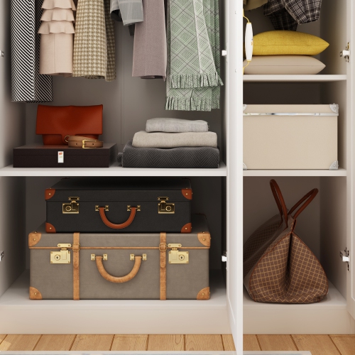 Famapy White 3-Door Armoire – Elegant Wooden Wardrobe with Hanging Rods & 3 Shelves for Bedroom Storage, White