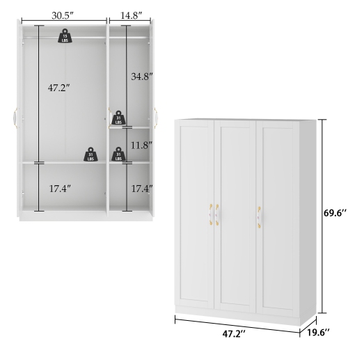 Famapy White 3-Door Armoire – Elegant Wooden Wardrobe with Hanging Rods & 3 Shelves for Bedroom Storage, White
