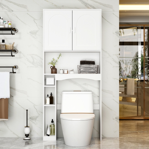 Famapy Over-the-Toilet Storage Cabinet – Sleek MDF Construction, Adjustable Toilet Paper Holder, Silver Handles, and Modern Design,White