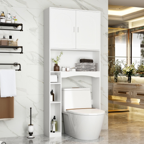 Famapy Over-the-Toilet Storage Cabinet – Sleek MDF Construction, Adjustable Toilet Paper Holder, Silver Handles, and Modern Design,White