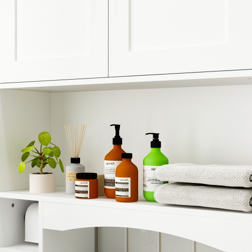 Famapy Over-the-Toilet Storage Cabinet – Sleek MDF Construction, Adjustable Toilet Paper Holder, Silver Handles, and Modern Design,White