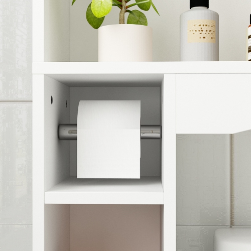 Famapy Over-the-Toilet Storage Cabinet – Sleek MDF Construction, Adjustable Toilet Paper Holder, Silver Handles, and Modern Design,White