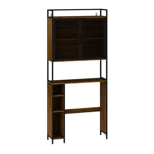 Famapy Over-the-Toilet Storage – Wood Grain and Iron Frame, Multi-Function Bathroom Cabinet with Adjustable Shelf, Toilet Paper Holder, Brown