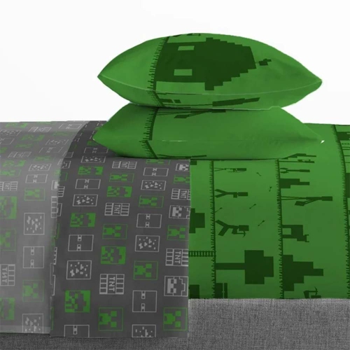 Ensemble de draps 4 pièces pour enfants Minecraft Icon Adventure - Drap plat, drap-housse et 2 taies d'oreiller