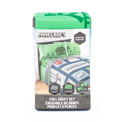 Ensemble de draps 4 pièces pour enfants Minecraft Icon Adventure - Drap plat, drap-housse et 2 taies d'oreiller