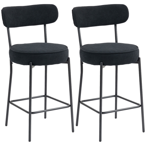 HOMCOM Bar Stools Set of 2, 27" Counter Height Barstools with Backrest and Footrest, Modern Corduroy Bar Chairs for Kitchen Island, Dining Room, Black