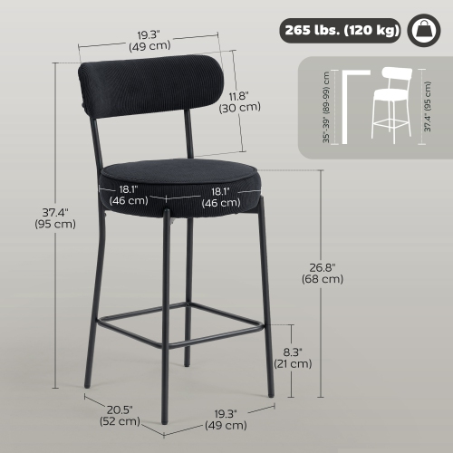 HOMCOM Bar Stools Set of 2, 27" Counter Height Barstools with Backrest and Footrest, Modern Corduroy Bar Chairs for Kitchen Island, Dining Room, Black