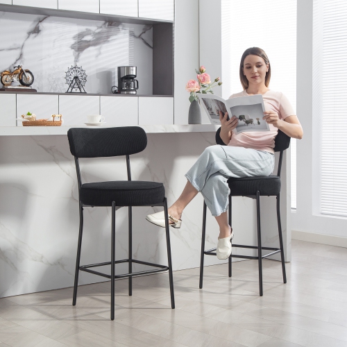 HOMCOM Bar Stools Set of 2, 27" Counter Height Barstools with Backrest and Footrest, Modern Corduroy Bar Chairs for Kitchen Island, Dining Room, Black