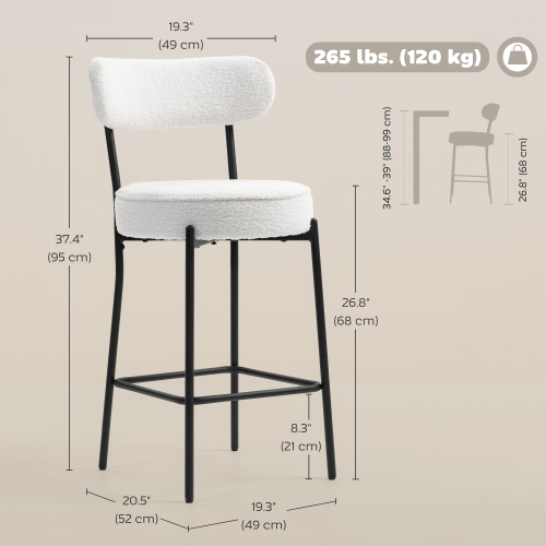 HOMCOM – Ensemble de 2 tabourets de bar à hauteur de comptoir de 27 po avec dossier et repose-pieds, chaises de bar modernes en Sherpa pour îlot