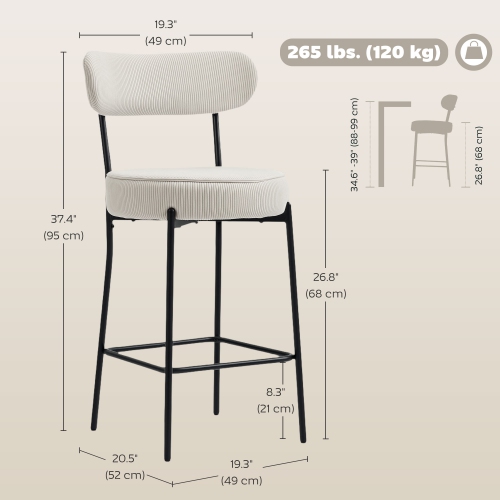 HOMCOM Bar Stools Set of 2, 27" Counter Height Barstools with Backrest and Footrest, Modern Corduroy Bar Chairs for Kitchen Island, Dining Room,