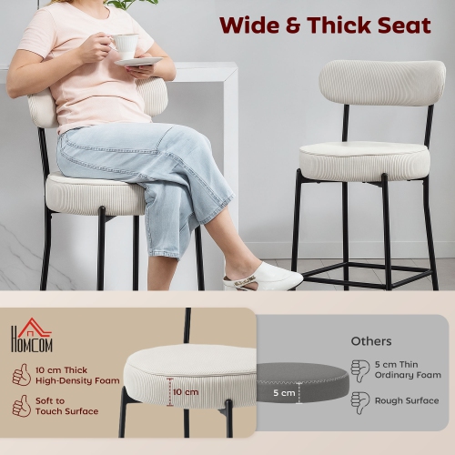 HOMCOM Bar Stools Set of 2, 27" Counter Height Barstools with Backrest and Footrest, Modern Corduroy Bar Chairs for Kitchen Island, Dining Room,