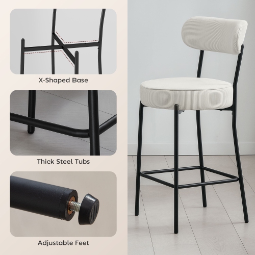 HOMCOM Bar Stools Set of 2, 27" Counter Height Barstools with Backrest and Footrest, Modern Corduroy Bar Chairs for Kitchen Island, Dining Room,