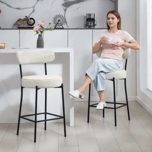 HOMCOM Bar Stools Set of 2, 27" Counter Height Barstools with Backrest and Footrest, Modern Corduroy Bar Chairs for Kitchen Island, Dining Room,