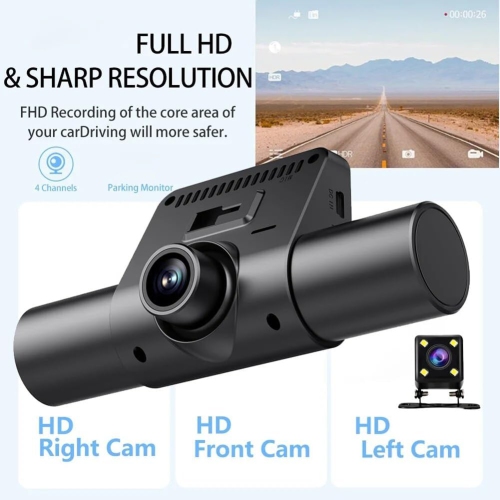 2.0-inch 3-way Quad-lens Dash Cam - 1080P HD Recording, Parking Assist, G-Sensor, Loop Recording, 2-inch Screen, Infrared Night Vision