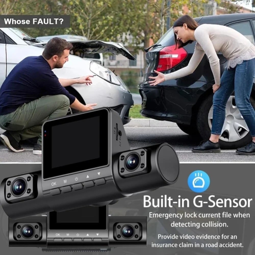 2.0-inch 3-way Quad-lens Dash Cam - 1080P HD Recording, Parking Assist, G-Sensor, Loop Recording, 2-inch Screen, Infrared Night Vision