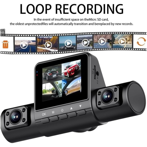 2.0-inch 3-way Quad-lens Dash Cam - 1080P HD Recording, Parking Assist, G-Sensor, Loop Recording, 2-inch Screen, Infrared Night Vision