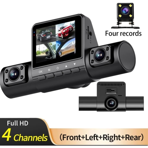 2.0-inch 3-way Quad-lens Dash Cam - 1080P HD Recording, Parking Assist, G-Sensor, Loop Recording, 2-inch Screen, Infrared Night Vision