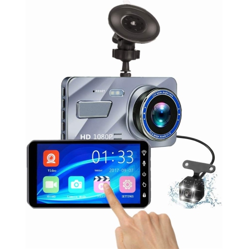 Dual-lens dashcam with a 4.0-inch touchscreen and night vision, HD backup camera, front and rear dual recording, collision sensing, and motion