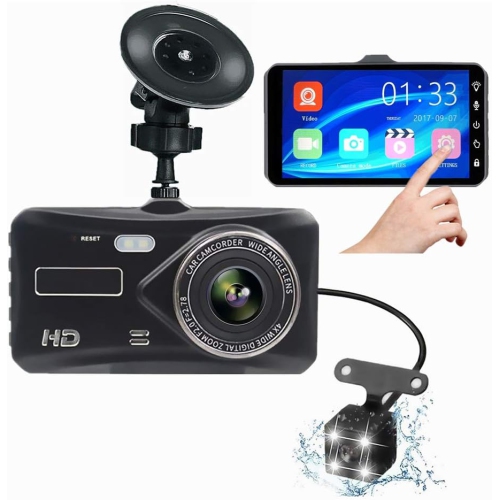 Dual-lens dashcam with a 4.0-inch touchscreen and night vision, HD backup camera, front and rear dual recording, collision sensing, and motion