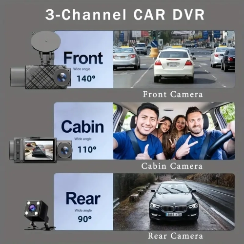 3-lens dash cam - HD 1080P recording for front, interior, and rear vehicles, with Wi-Fi, night vision, and parking assistance, 2-inch IPS screen, and
