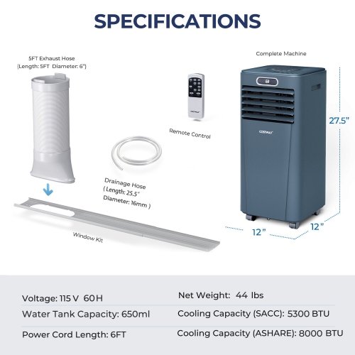 Portable 8000 BTU Air Conditioner with Fan, Dehumidifier, and Remote