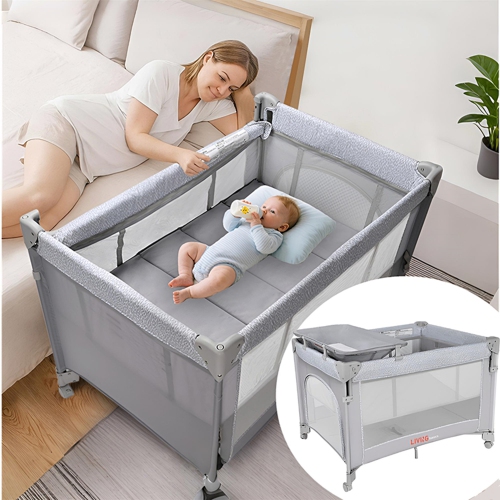 4-in-1 Foldable Baby Playard Beside Crib, Baby Bassinet Beside Sleeper with Diaper Changing Station and Zippered Door for Newborn to Toddles