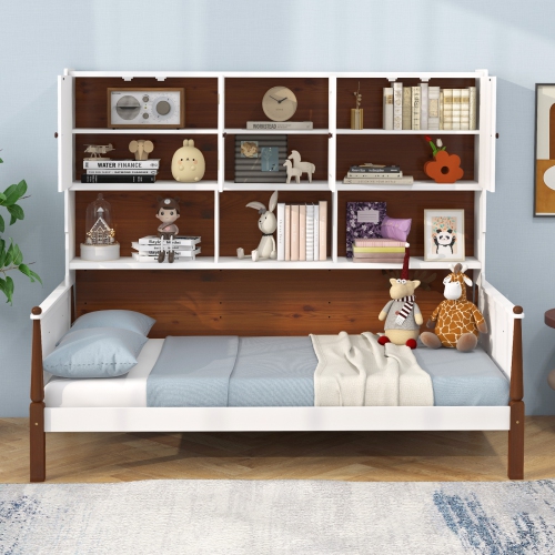 Bed with Built-In Bookcase and Shelves, Wooden Slat Support, No Box Spring Needed