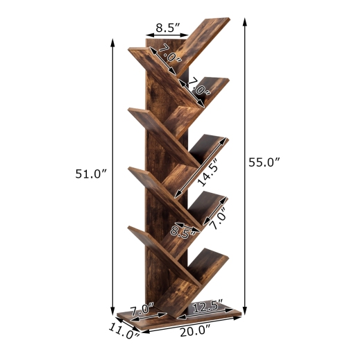 8-Tier Freestanding Tree Bookshelf with Open Storage Shelves
