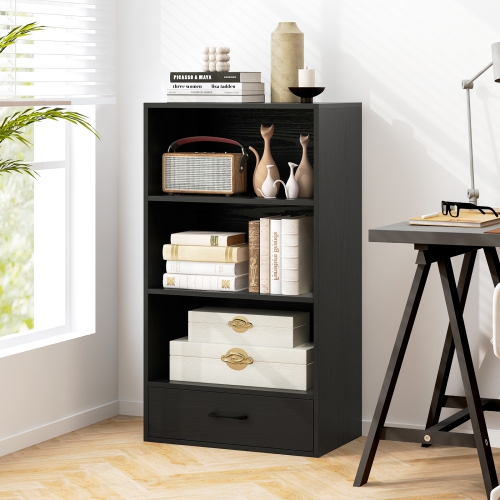 Tall 4-Tier Wooden Bookcase with Storage Drawer for Home Office