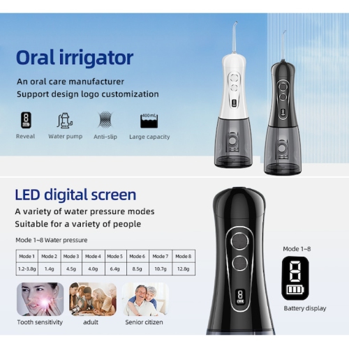 Irrigateur oral professionnel, rotation à 360 degrés, 5 buses, 8 vitesses, 400&nbsp;ml, Chargement USB