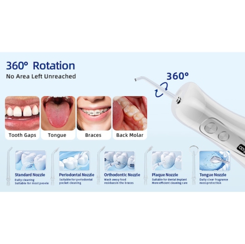 Irrigateur oral professionnel, rotation à 360 degrés, 5 buses, 8 vitesses, 400&nbsp;ml, Chargement USB