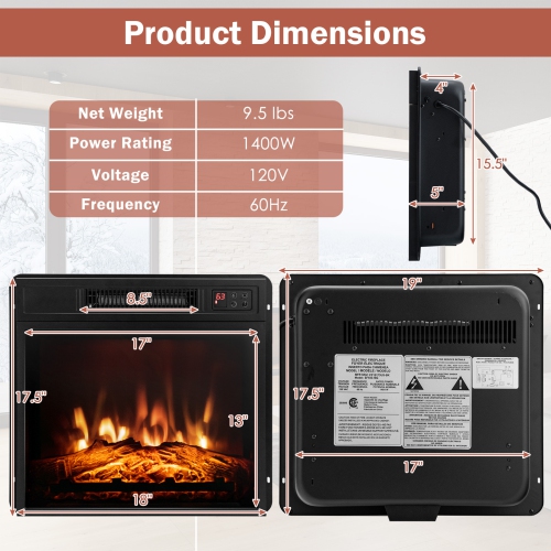 Electric Fireplace Insert with Adjustable LED Flame and Remote Control